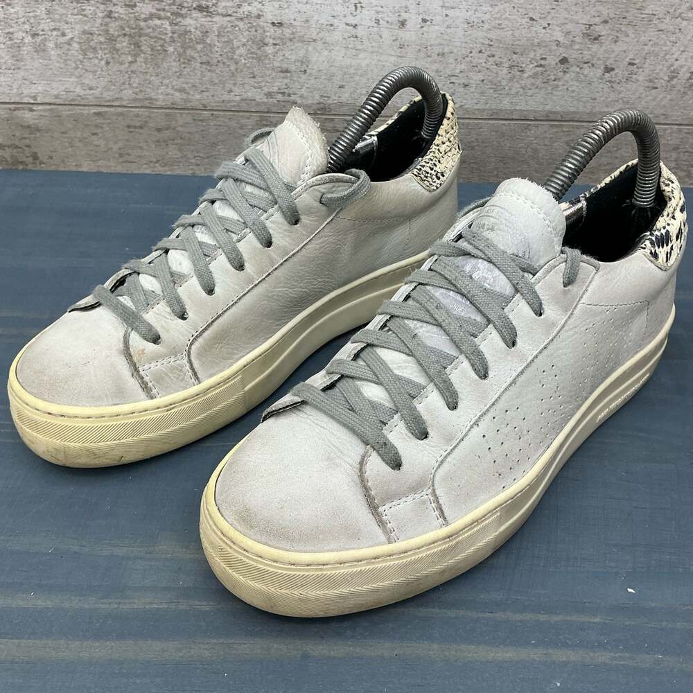 P448 Women's John Low-Top Sneakers in White Leather with Snake Print Heel EU Siz